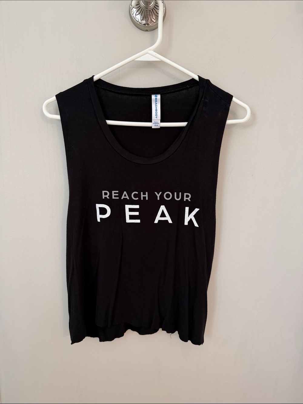 Beachbody Black Tank with White "Reach Your Peak" Graphic